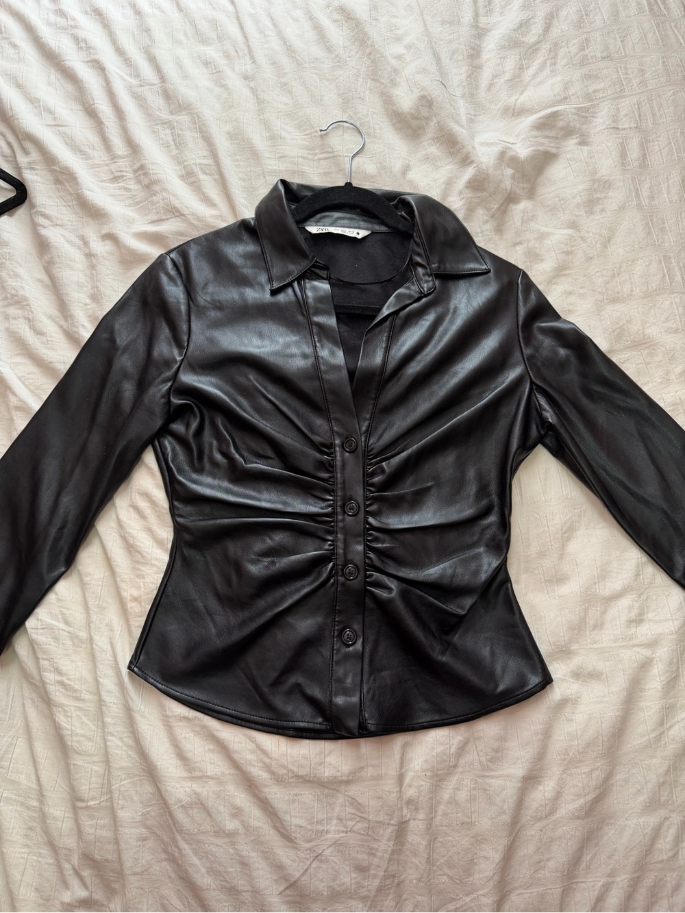 Zara Black Faux Leather Ruched Blouse